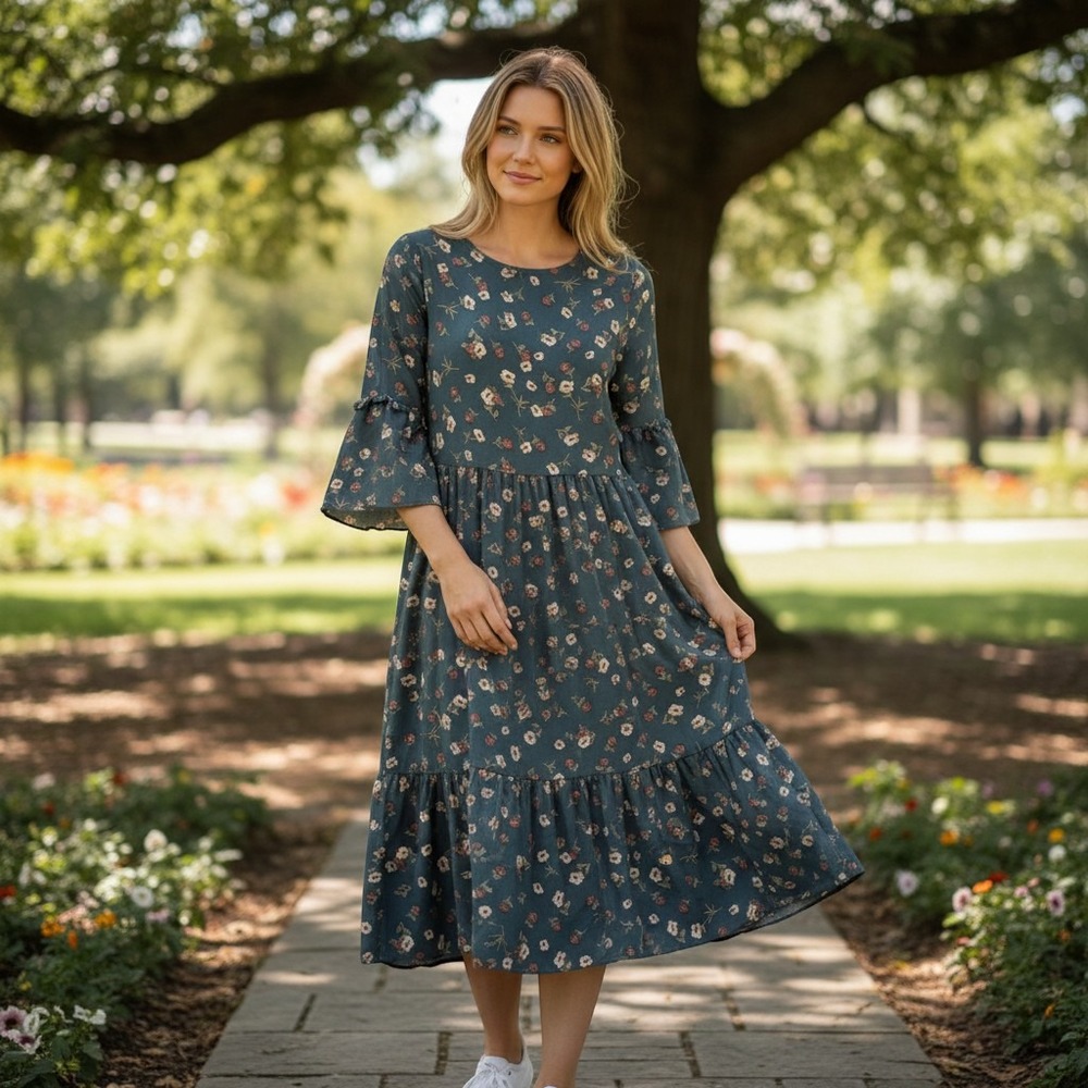Carole Christian Atlanta Floral Tiered‎ Dress Bell Sleeve Blue Small EUC